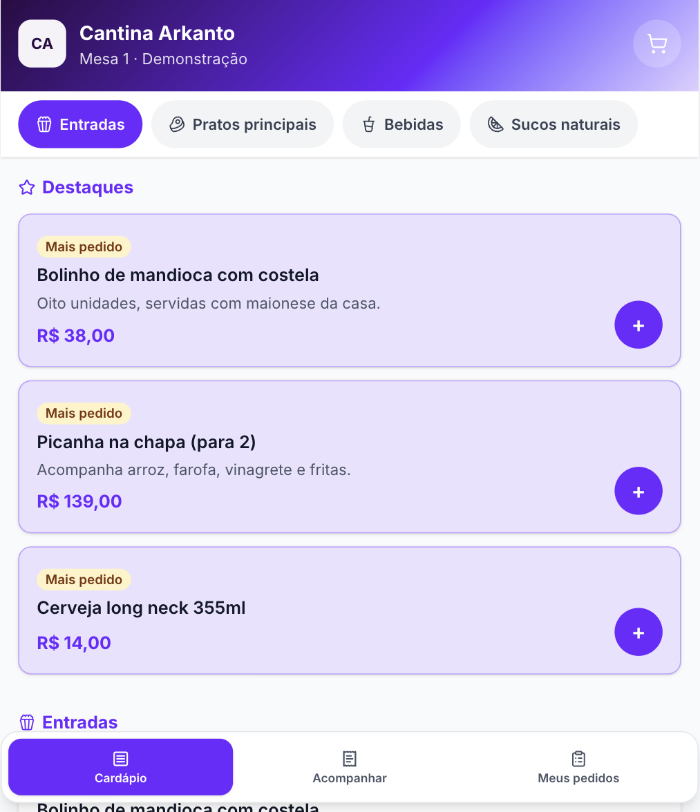 Tela do cardápio no celular, com destaques, categorias e preços